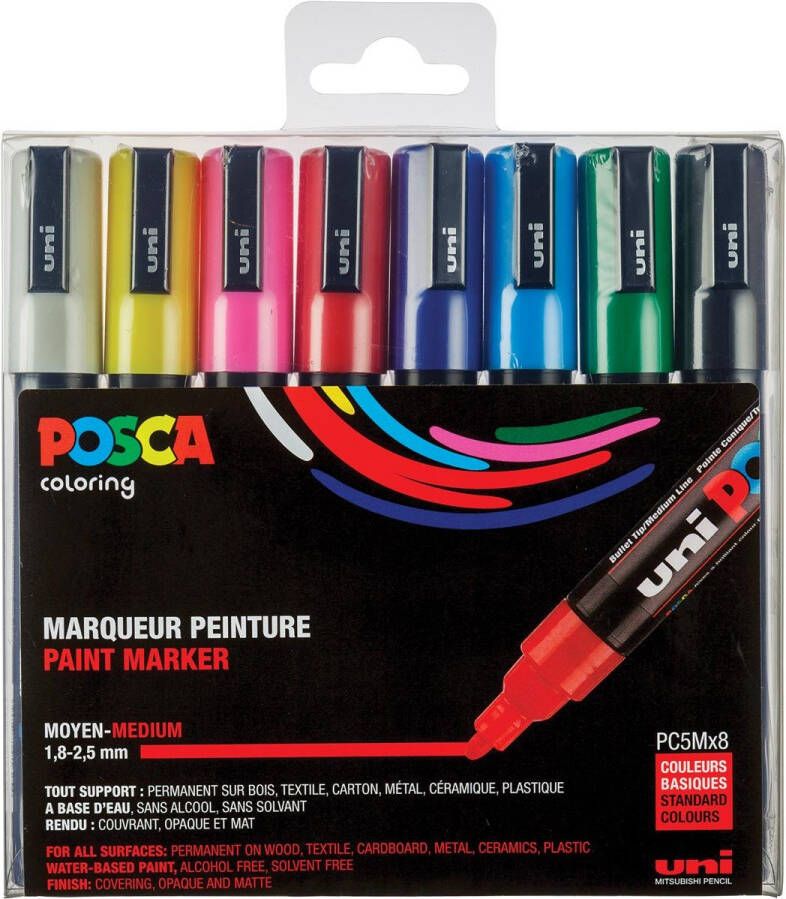 Posca Uni paintmarker PC-5M 1 8 2 5 mm etui van 8 markers in geassorteerde basiskleuren