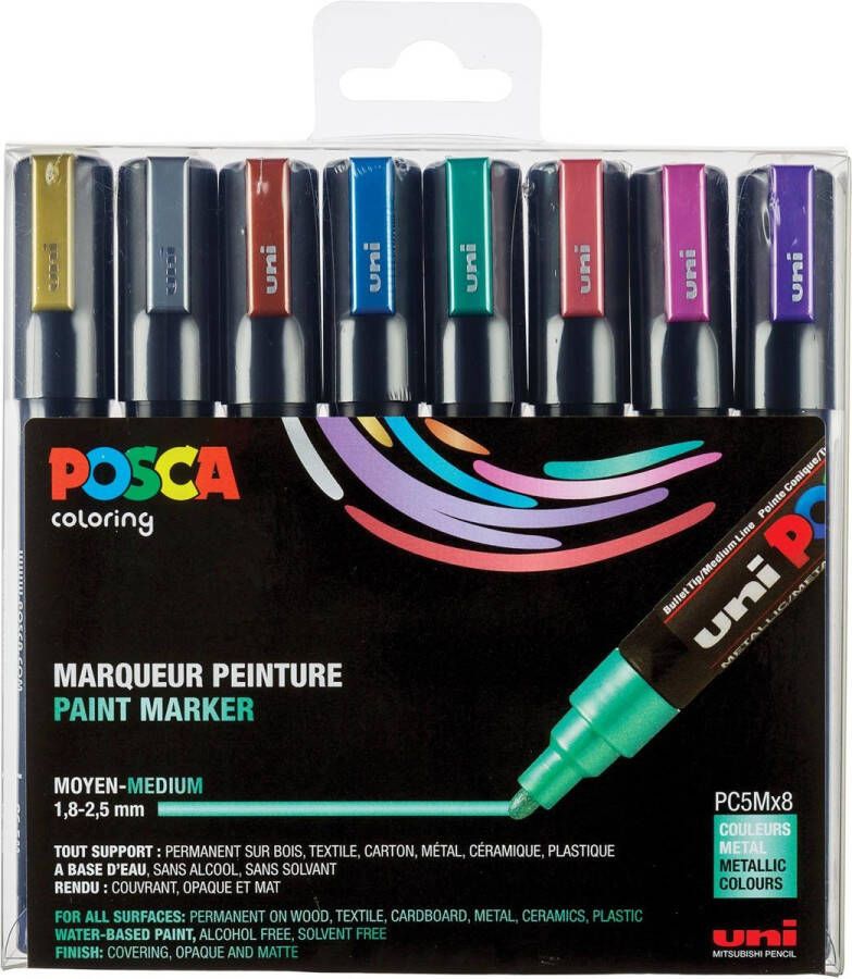 Posca Uni paintmarker PC-5M 1 8 2 5 mm etui van 8 markers in geassorteerde metallic kleuren