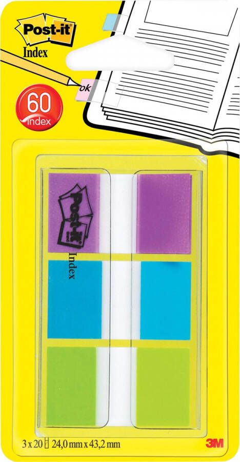 Post-It Index standaard ft 25 4 x 43 2 mm blister met 3 kleuren 20 tabs per kleur