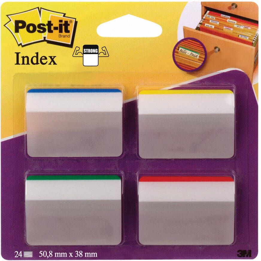 Post-It Index Strong ft 50 8 x 38 mm voor hangmappen set van 24 tabs 4 kleuren 6 tabs per kleur