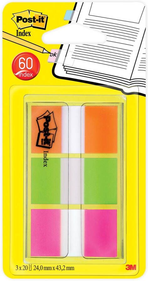 Post-It Index standaard ft 25 4 x 43 2 mm blister met 3 kleuren 20 tabs per kleur