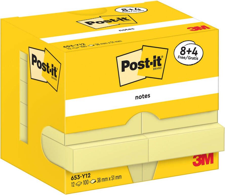 Post-It Notes 100 vel ft 38 x 51 mm geel 8 + 4 GRATIS