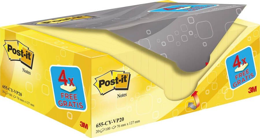 Post-It Notes 100 vel ft 76 x 127 mm geel pak van 16 blokken + 4 gratis