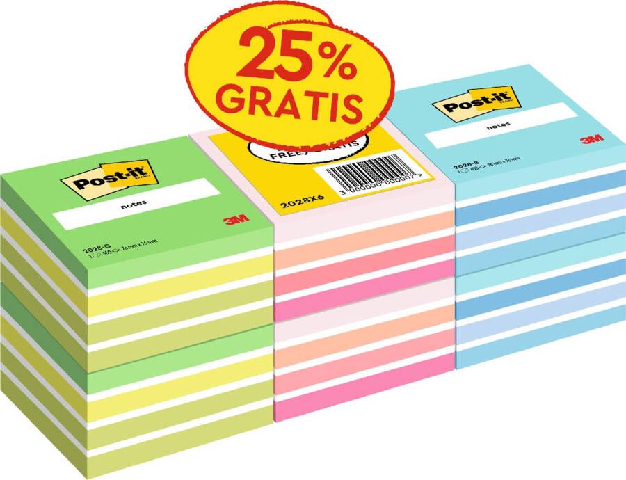 Post-It Notes kubus 450 vel ft 76 x 76 mm promopak van 6 kubussen in geassorteerde kleuren