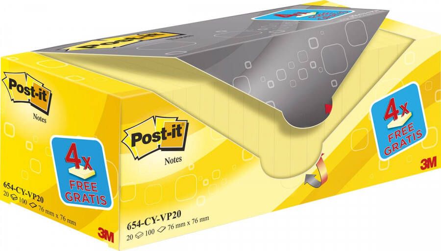 Post-It Notes 100 vel ft 76 x 76 mm geel pak van 16 blokken + 4 gratis