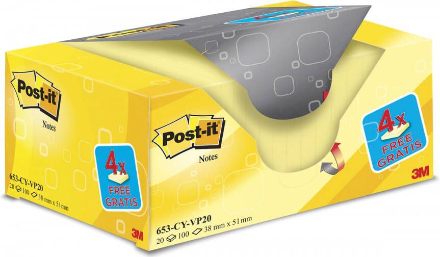 Post-It Notes ft 38 x 51 mm geel blok van 100 vel pak van 16 + 4 gratis