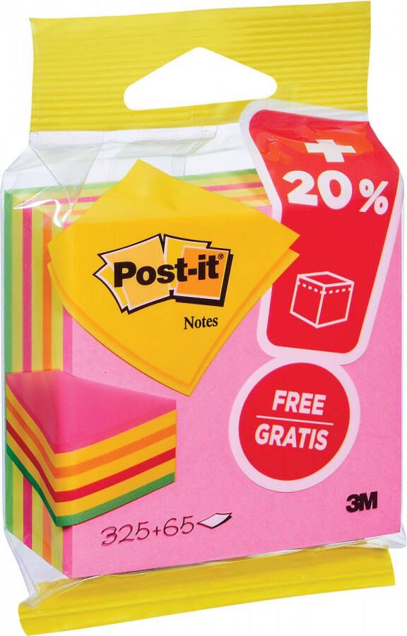 Post-It Notes kubus ft 76 mm x 76 mm Neon blok van 325 + 65 vel gratis op blister