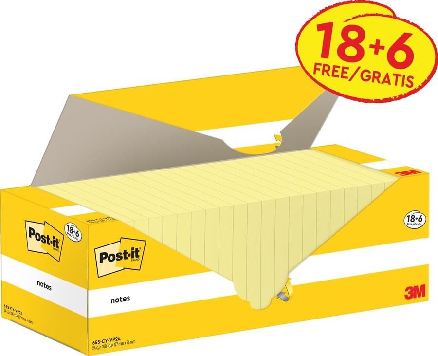 Post-it Notes 100 vel ft 76 x 127 mm kanariegeel (canary yellow) 18 blokken + 6 GRATIS