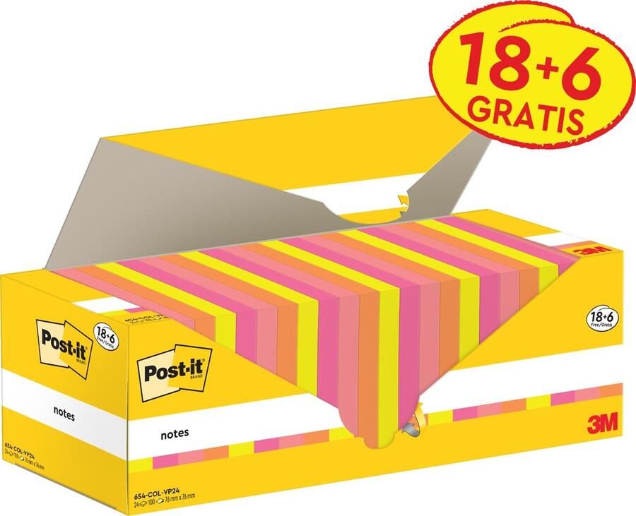 Post-it Notes 100 vel ft 76 x 76 mm assorti 18 blokken + 6 GRATIS