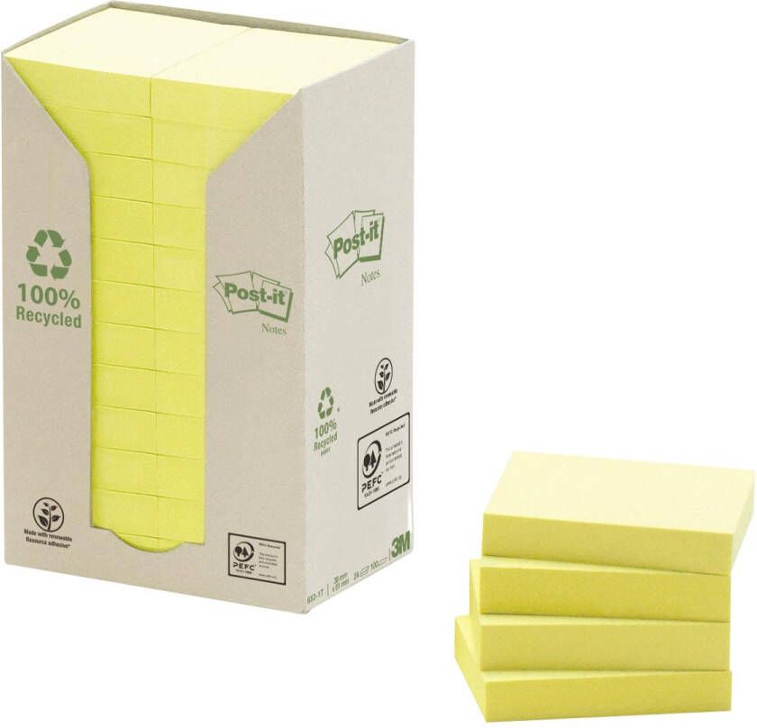 Post-it recycled notes 100 vel ft 38 x 51 mm geel pak van 24 blokken