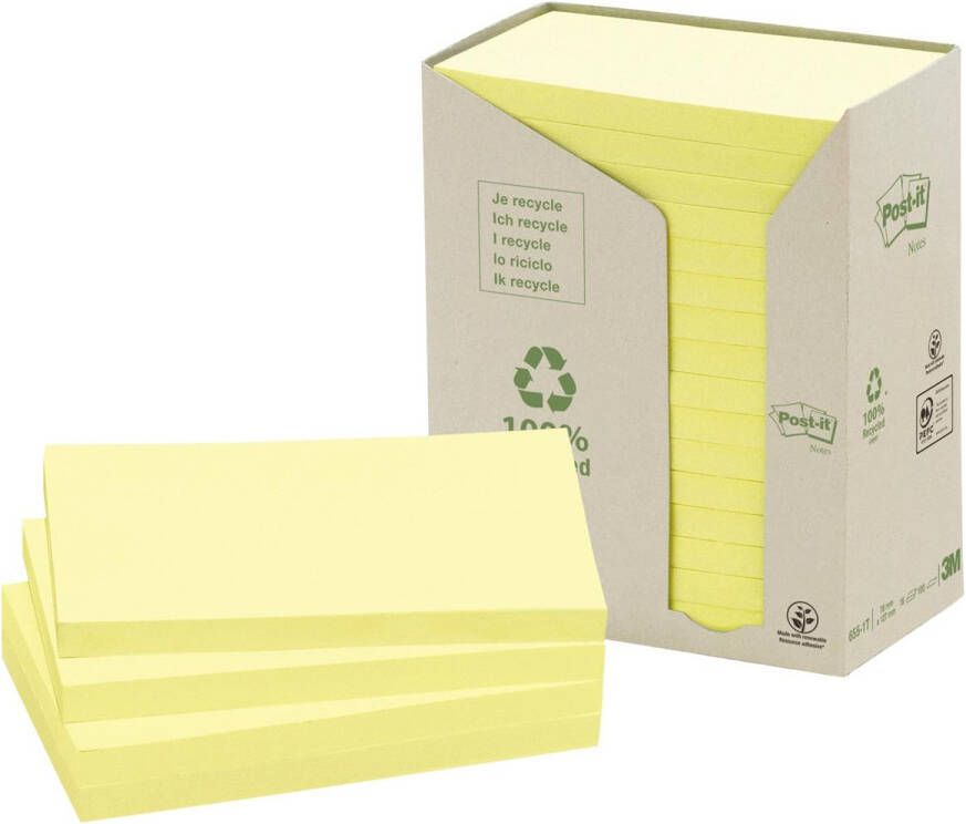 Post-it recycled notes 100 vel ft 76 x 127 mm geel pak van 16 blokken
