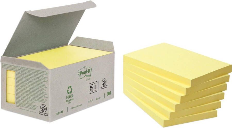 Post-it recycled notes 100 vel ft 76 x 127 mm geel pak van 6 blokken
