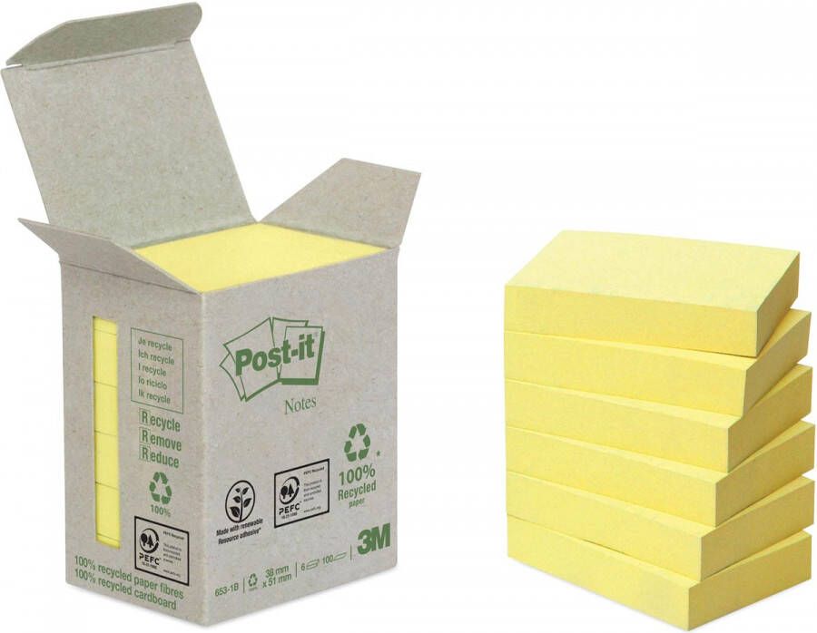 Post-it recycled notes 100 vel ft 38 x 51 mm geel pak van 6 blokken