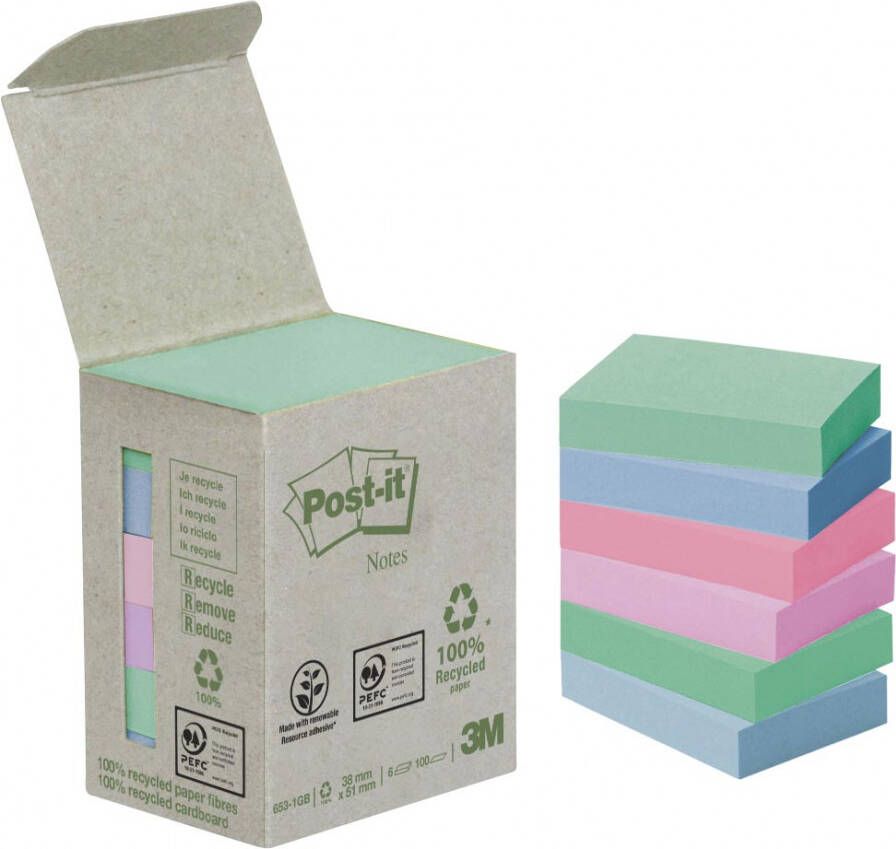 Post-it recycled notes Post-it Notes gerecycleerd ft 38 x 51 mm geassorteerde kleuren 100 vel toren van 6 blokken