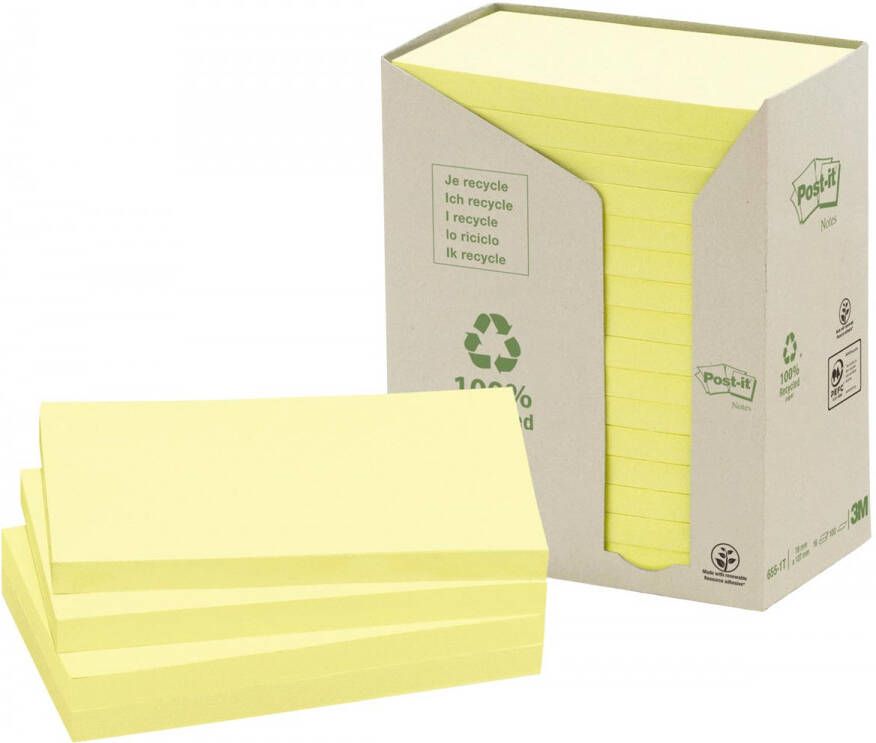 Post-it recycled notes 100 vel ft 76 x 127 mm geel pak van 16 blokken