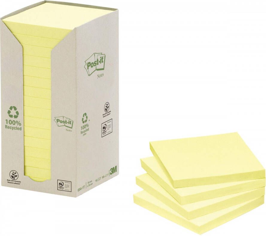 Post-it recycled notes 100 vel ft 76 x 76 mm geel pak van 16 blokken