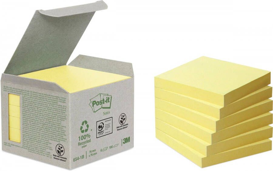 Post-it recycled notes 100 vel ft 76 x 76 mm geel pak van 6 blokken