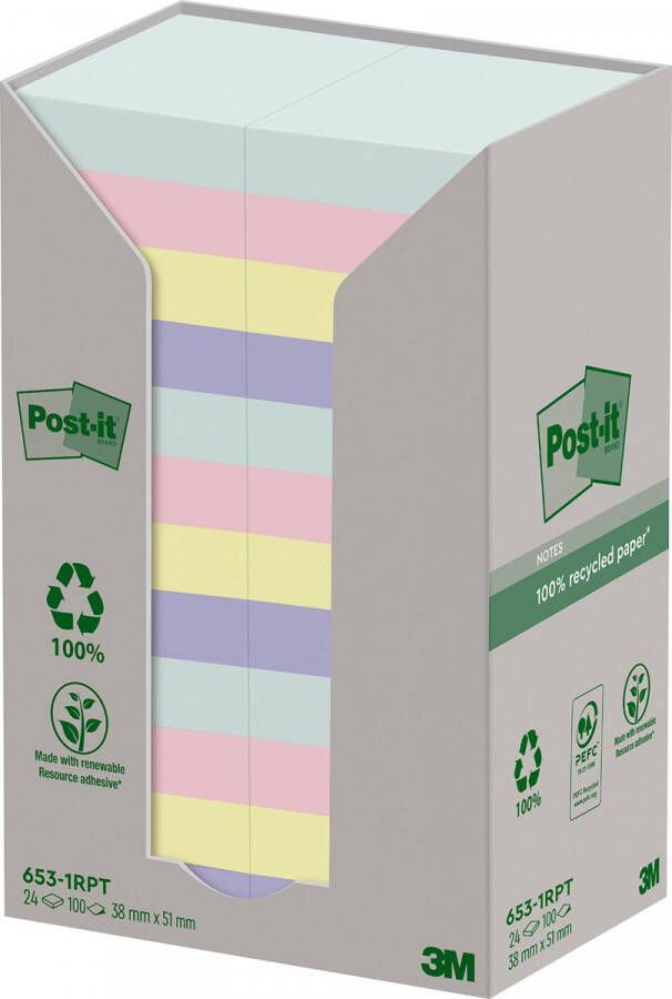 Post it recycled notes Nature 100 vel ft 38 x 51 mm pak van 24 blokken geassorteerde kleuren