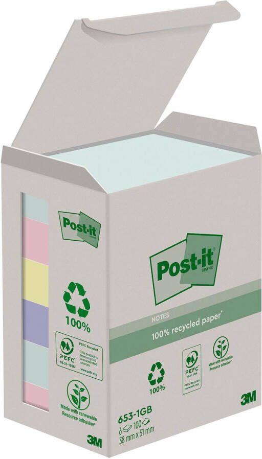 Post it recycled notes Nature 100 vel ft 38 x 51 mm pak van 6 blokken geassorteerde kleuren