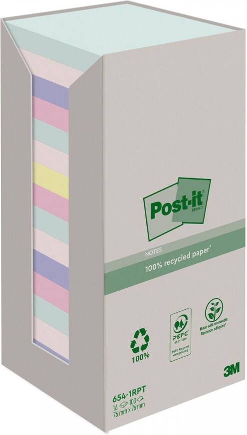 Post it recycled notes Nature 100 vel ft 76 x 76 mm pak van 16 blokken geassorteerde kleuren