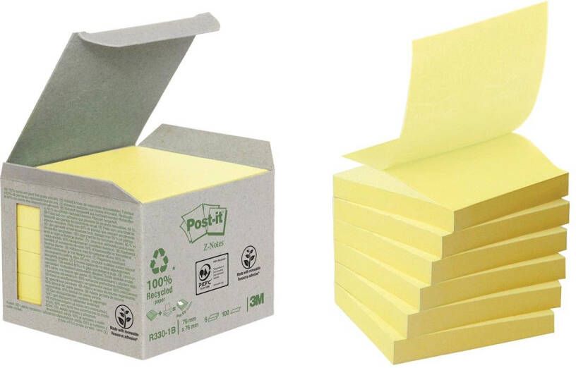 Post-it recycled notes Post-it Recycled Z-notes 100 vel ft 76 x 76 mm geel pak van 6 blokken