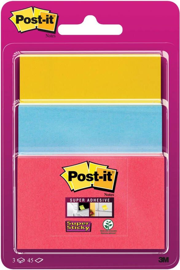 Post-It Super Sticky notes 45 vel 3 formaten geassorteerde kleuren op blister