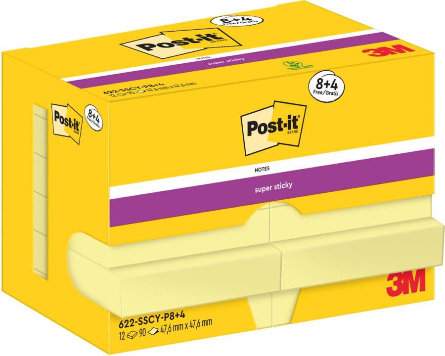 Post-It Super Sticky Notes 90 vel ft 47 6 x 47 6 mm geel 8 + 4 GRATIS