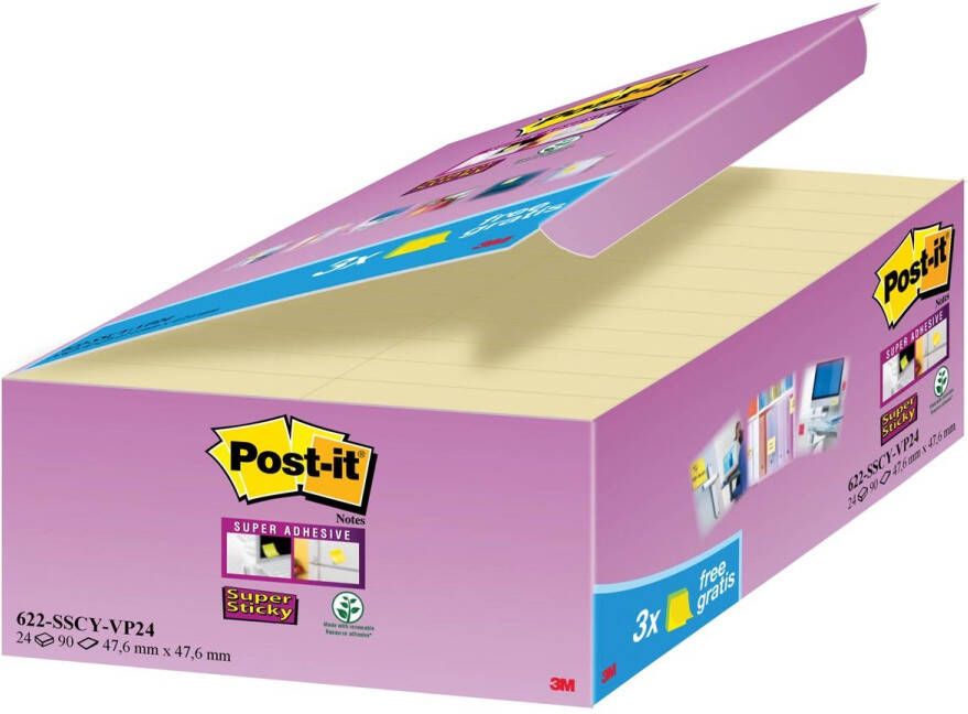 Post-It Super Sticky notes 90 vel ft 47 6 x 47 6 mm geel pak van 21 + 3 GRATIS