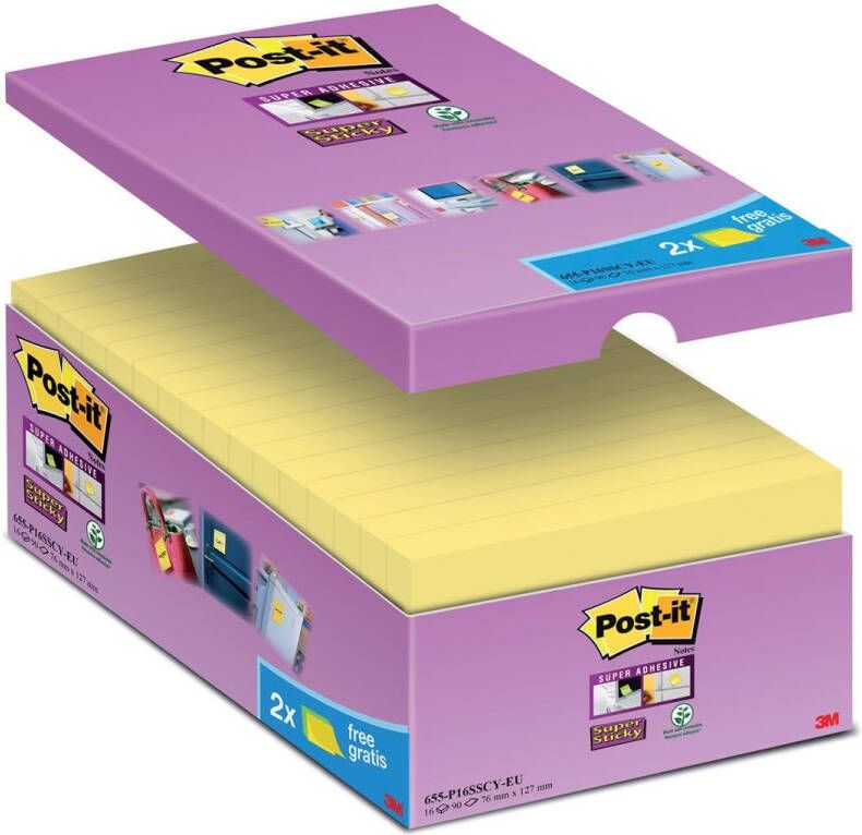 Post-It Super Sticky notes 90 vel ft 76 x 127 mm geel pak van 14 blokken + 2 gratis