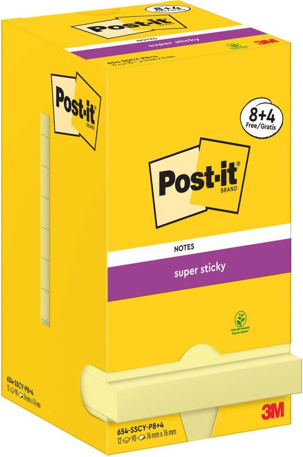 Post-It Super Sticky Notes 90 vel ft 76 x 76 mm geel 8 + 4 GRATIS