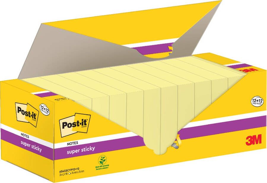 Post-It Super Sticky notes 90 vel ft 76 x 76 mm geel pak van 12 blokken + 12 gratis