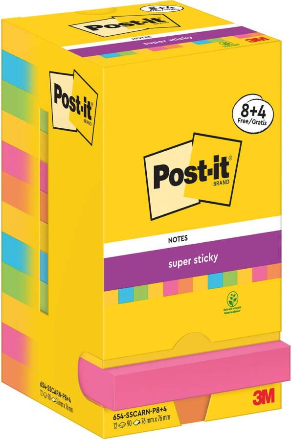 Post-It Super Sticky Notes Carnival 90 vel ft 76 x 76 mm 8 + 4 GRATIS