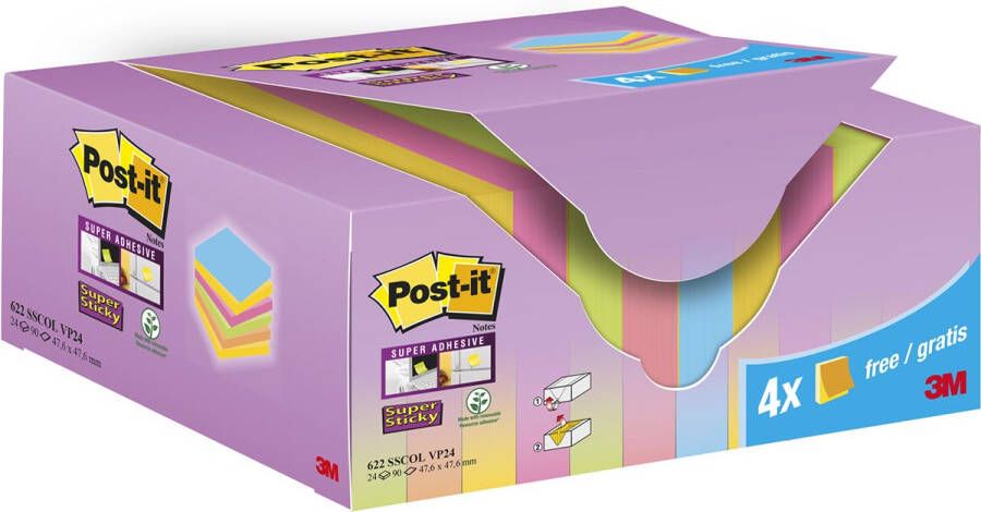 Post-It Super Sticky Notes Colour 90 vel ft 47 6 x 47 6 mm 20 + 4 GRATIS