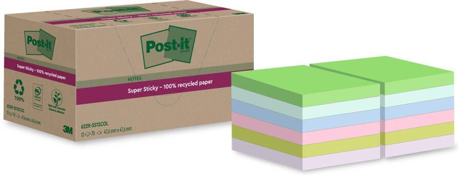 Post-It Super Sticky Notes Recycled 70 vel ft 47 6 x 47 6 mm assorti pak van 12 blokken