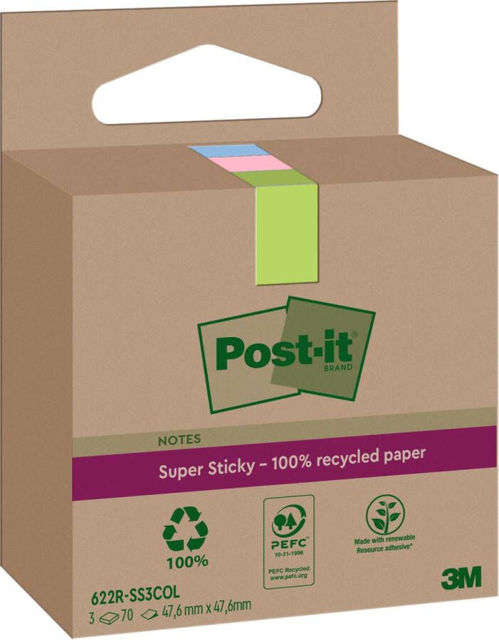 Post-It Super Sticky Notes Recycled 70 vel ft 47 6 x 47 6 mm assorti pak van 3 blokken