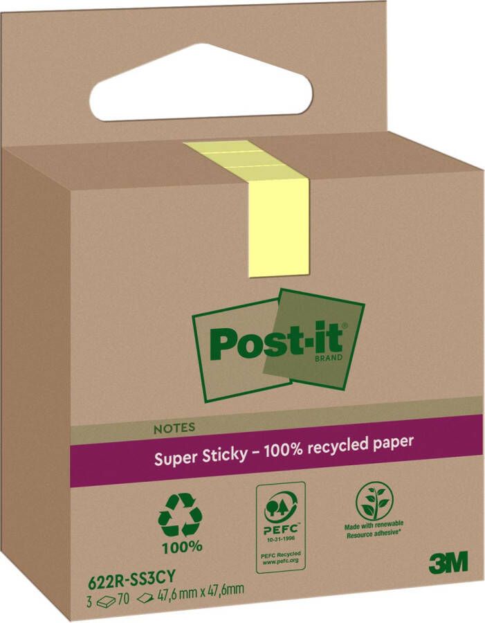 Post-It Super Sticky Notes Recycled 70 vel ft 47 6 x 47 6 mm geel pak van 3 blokken