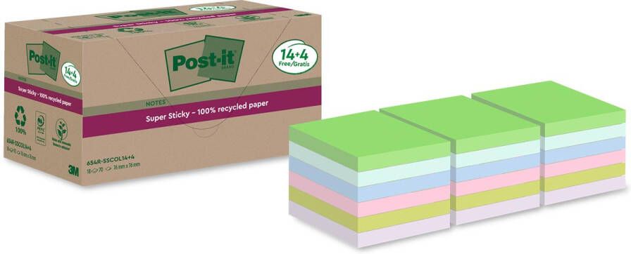 Post-It Super Sticky Notes Recycled 70 vel ft 76 x 76 mm assorti 14 + 4 GRATIS