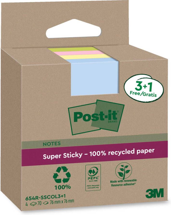 Post-It Super Sticky Notes Recycled 70 vel ft 76 x 76 mm assorti 3 + 1 GRATIS