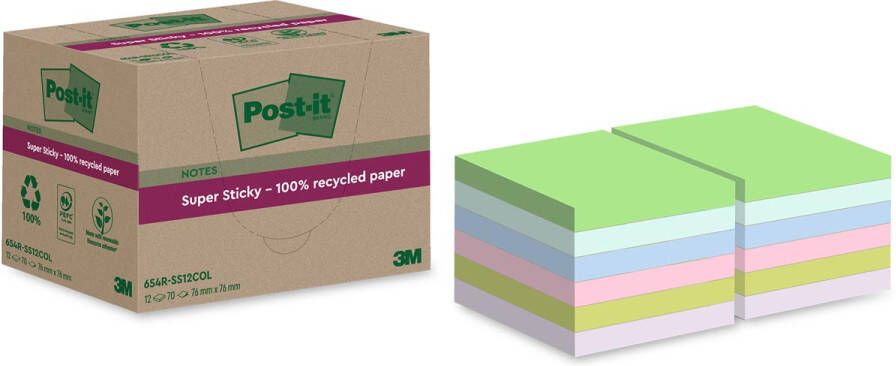 Post-It Super Sticky Notes Recycled 70 vel ft 76 x 76 mm assorti pak van 12 blokken