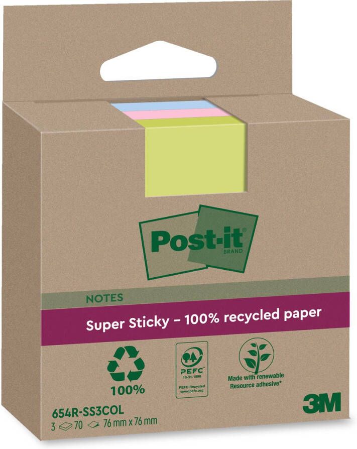 Post-It Super Sticky Notes Recycled 70 vel ft 76 x 76 mm assorti pak van 3 blokken