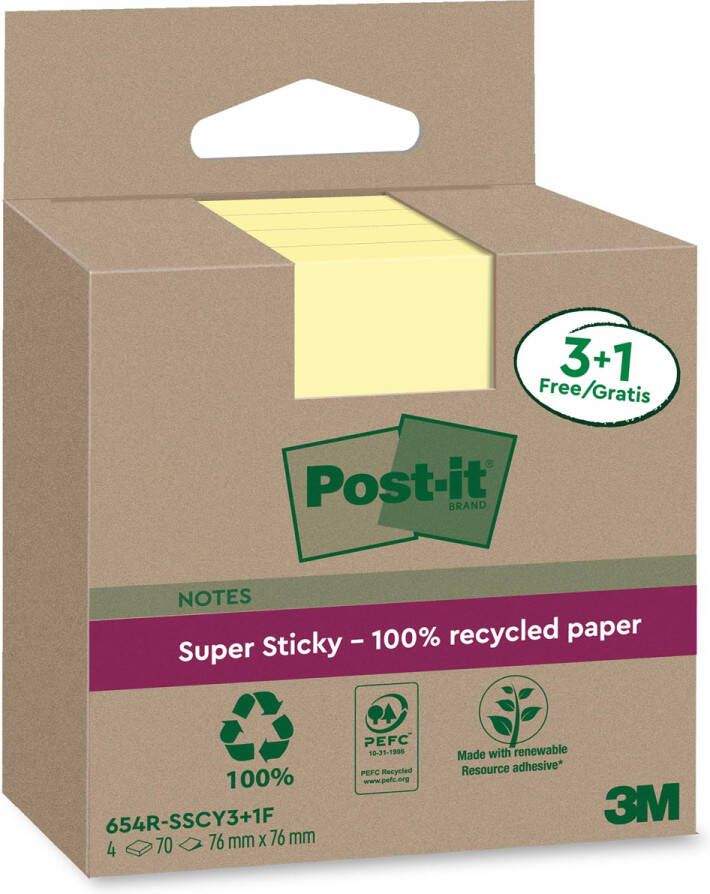 Post-It Super Sticky Notes Recycled 70 vel ft 76 x 76 mm geel 3 + 1 GRATIS