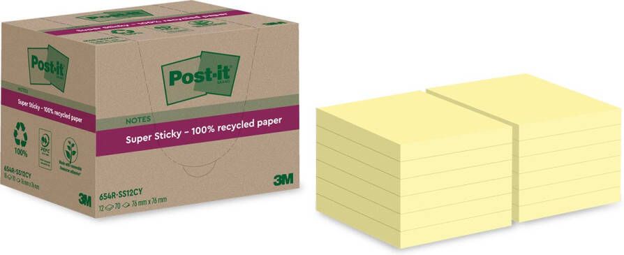 Post-It Super Sticky Notes Recycled 70 vel ft 76 x 76 mm geel pak van 12 blokken