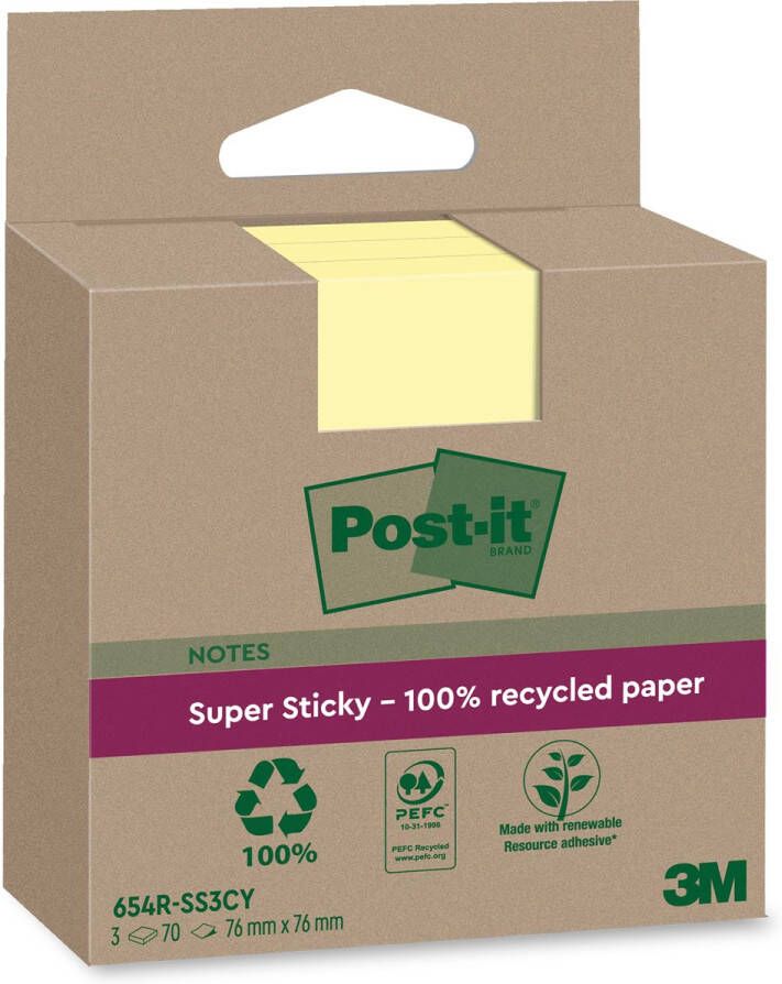 Post-It Super Sticky Notes Recycled 70 vel ft 76 x 76 mm geel pak van 3 blokken