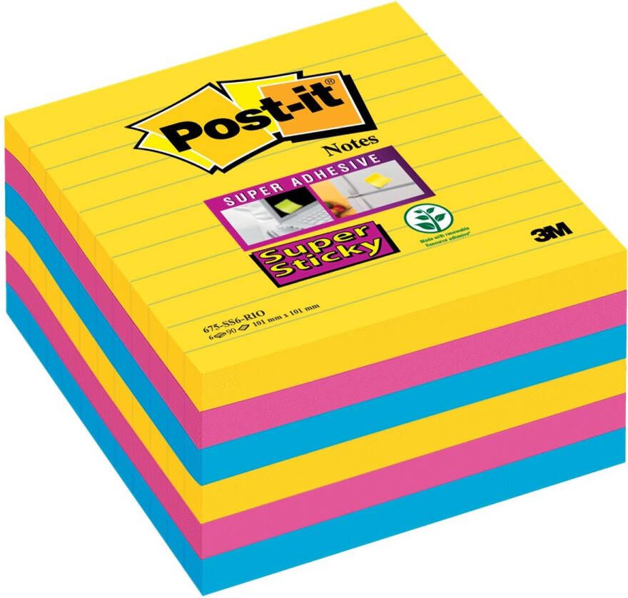 Post-It Super Sticky notes XL Carnival 90 vel ft 101 x 101 mm gelijnd assorti pak van 6 blokken
