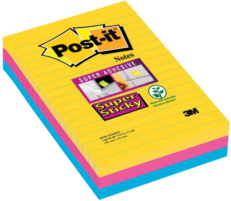 Post-It Super Sticky notes XXL Carnival 90 vel ft 101 X 152 mm gelijnd geassorteerde kleuren pak van