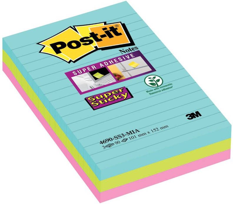 Post-It Super Sticky Notes XXL Cosmic 90 vel ft 101 X 152 mm gelijnd geassorteerde kleuren pak van 3