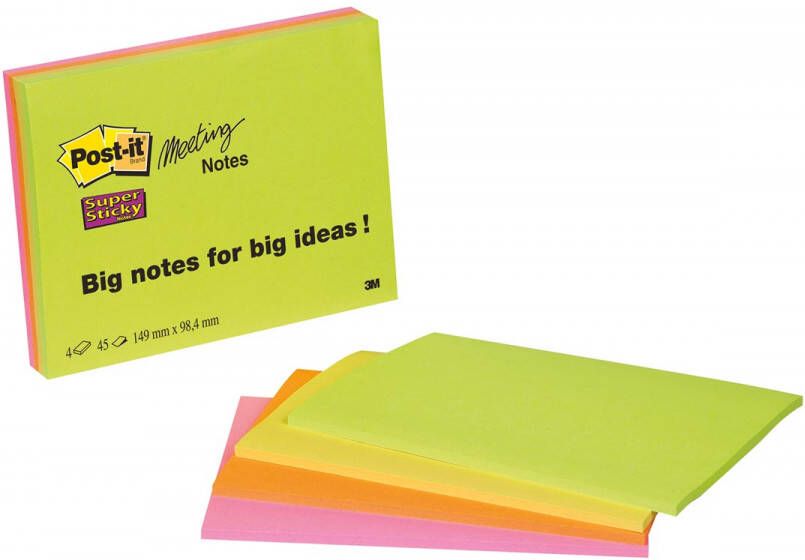 Post-It Super Sticky Meeting notes 45 vel ft 101 x 152 mm geassorteerde kleuren pak van 4 blokken