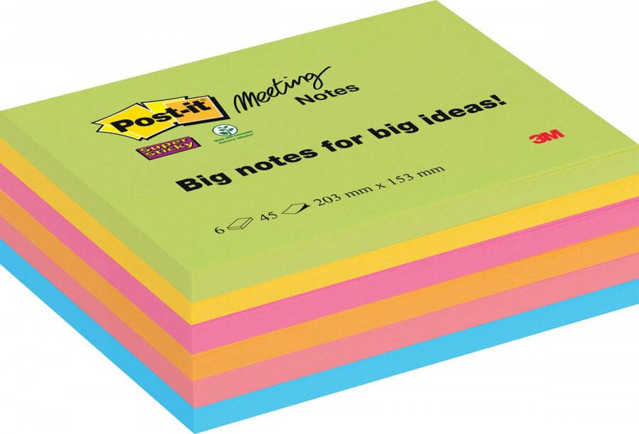 Post-It Super Sticky Meeting notes 45 vel ft 203 x 153 mm geassorteerde kleuren pak van 6 blokken