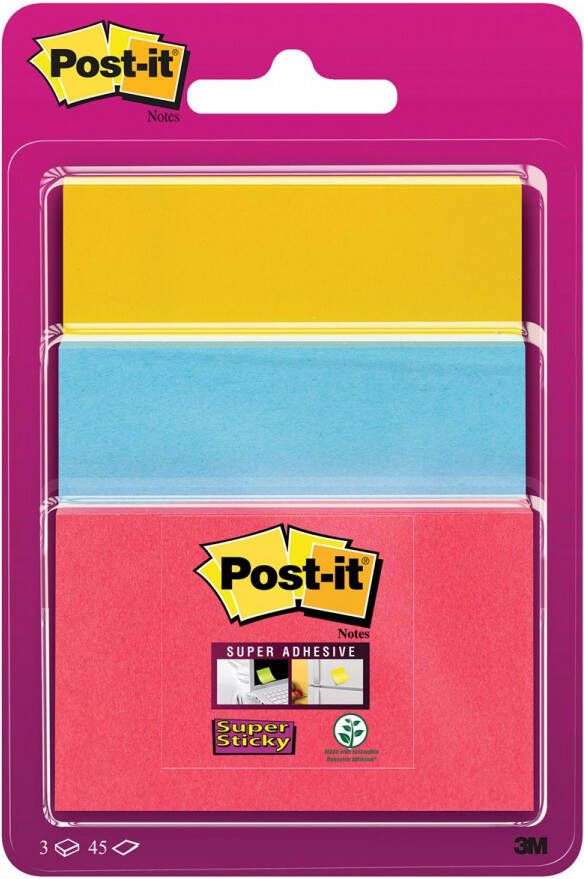 Post-It Super Sticky notes 45 vel 3 formaten geassorteerde kleuren op blister