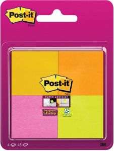 Post-It Super Sticky notes 45 vel ft 47 6 x 47 6 mm blister van 4 blokken in geassorteerde kleuren